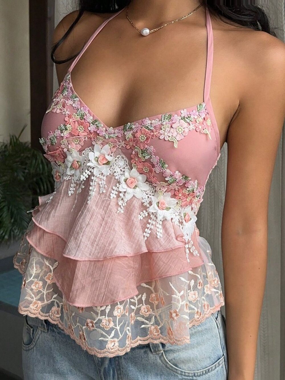 Pink Boho Women's Romantic Lace Patchwork Tassel Pendant Neck Blouse - Picture 5 of 7